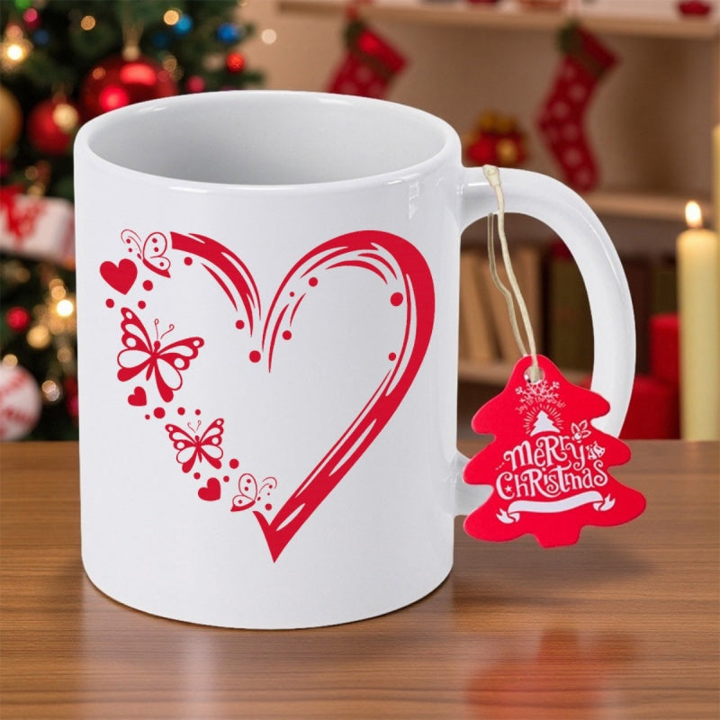 Tailorly White Ceramic 11 oz Mug - Merry Christmas Red Artistic Heart With Butterflies And Elegant Swirling Brushstrokes Mug