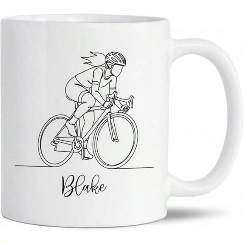 Tailorly White Ceramic 11 oz Mug - Blake Sleek Minimalist Black Line Art Of An Active Outdoor Sporty Cyclist