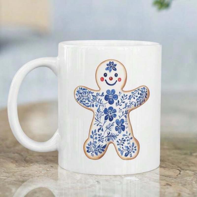 Tailorly White Ceramic 11 oz Mug - Festive Holiday Silhouette Featuring Ornate Traditional Blue And White Floral Textures Gingerbread Man