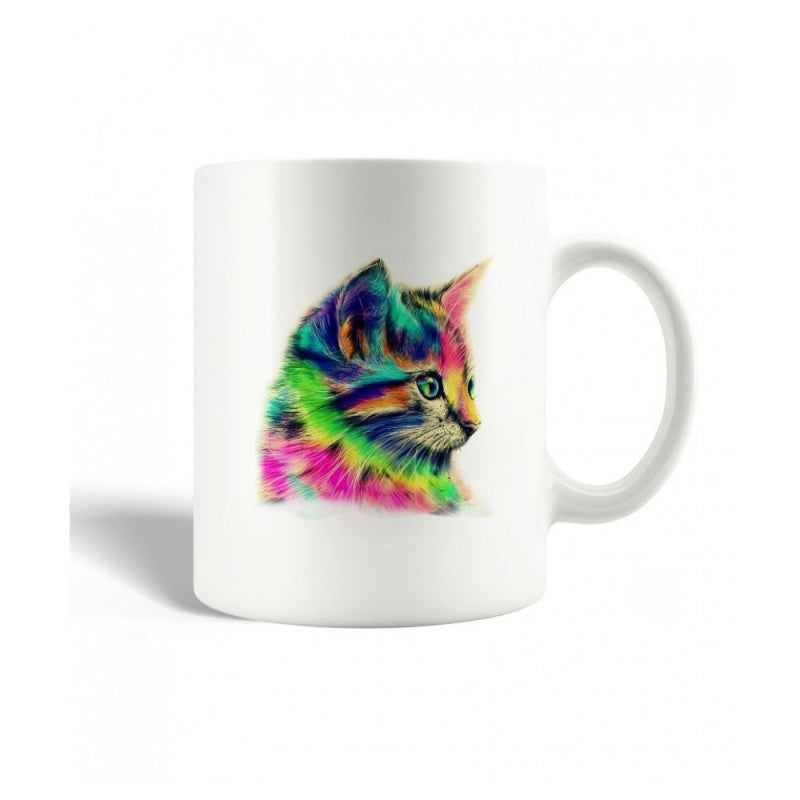 Tailorly White Ceramic 11 oz Mug - Vibrant Rainbow Colors Artistic Stylized Fur With Gentle Eyes Sitting Majestic Kitten