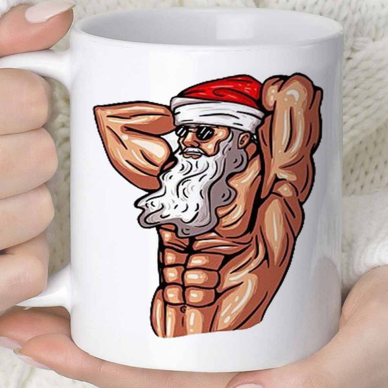 Tailorly White Ceramic 11 oz Mug - Muscular Strong Holiday Figure Flexing Arms With Sunglasses And Hat Santa