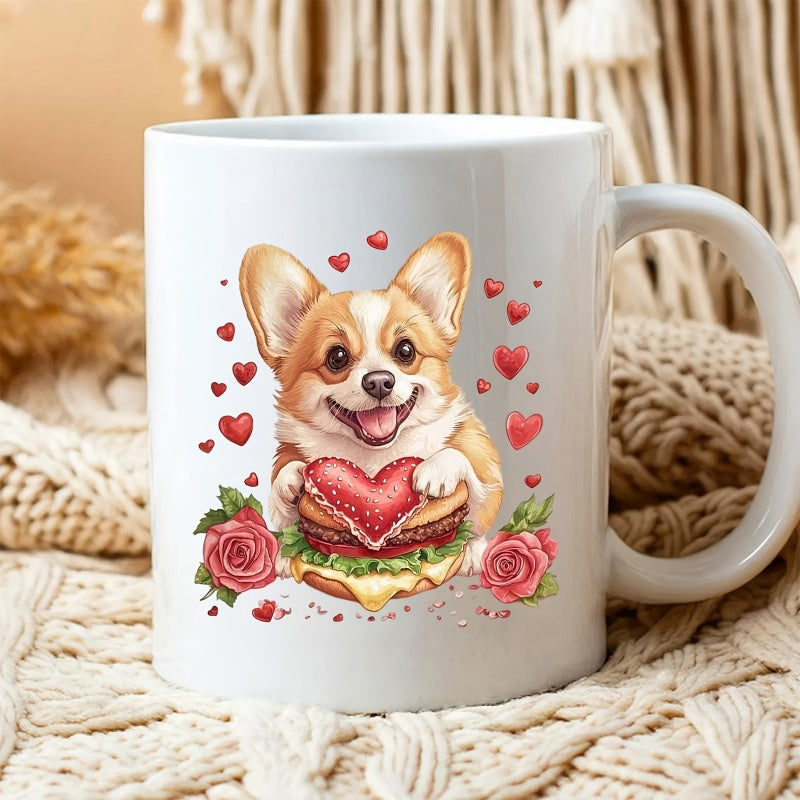 Tailorly White Ceramic 11 oz Mug - Adorable Smiling Dog Holding Heart Shaped Burger Surrounded By Pink Roses Corgi
