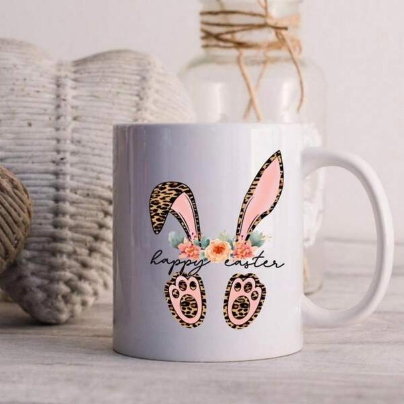 Tailorly White Ceramic 11 oz Mug - Happy Easter Leopard Print Ears With Floral Crown And Patterned Paws Bunny