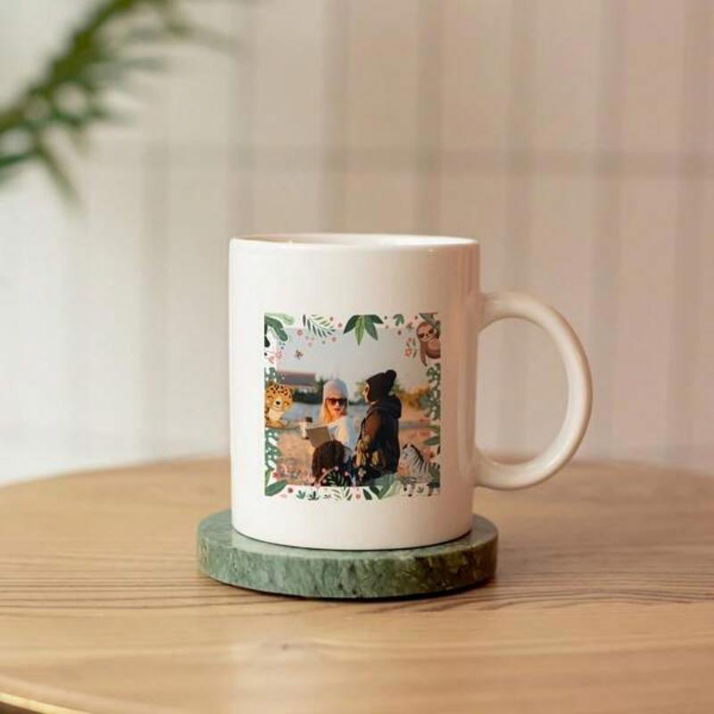 Tailorly White Ceramic 11 oz Mug - Botanical Leaves Framing People Sitting By The Scenic Water Landscape Mug
