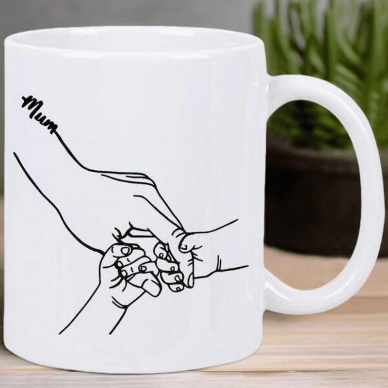 Tailorly White Ceramic 11 oz Mug - Mum Minimalist Black Line Art Showing A Parent Holding Small Children Hands