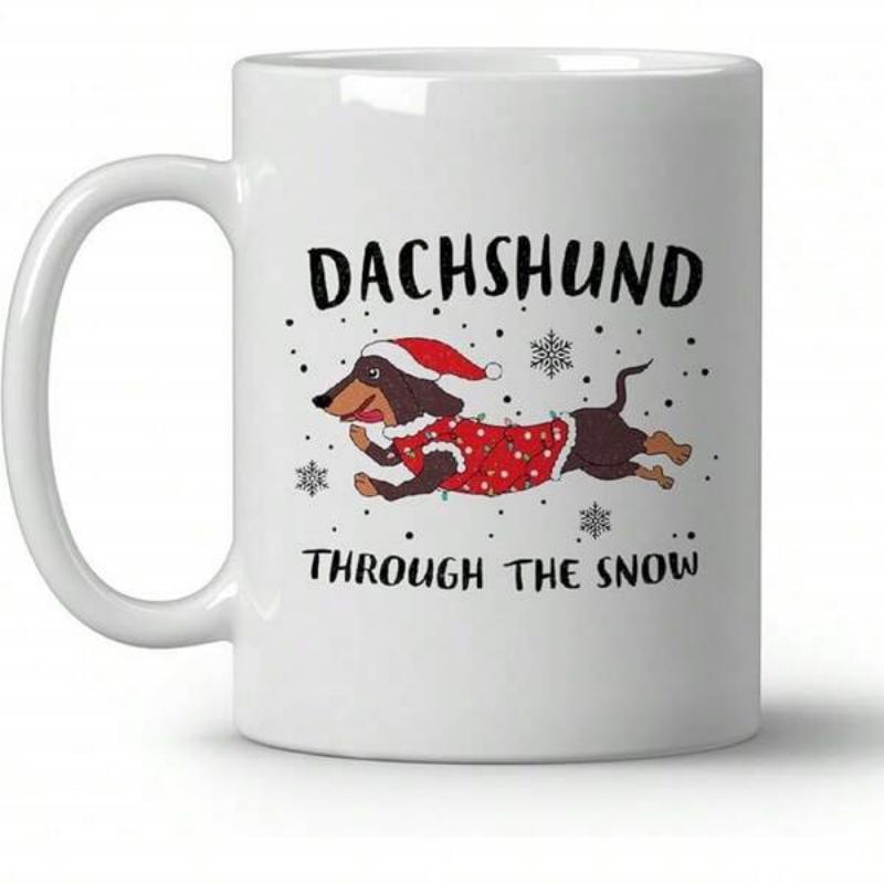 Tailorly White Ceramic 11 oz Mug - Dachshund Through The Snow Adorable Cartoon Dog Wearing Red Santa Hat Running In Falling Winter Snowflakes Dachshund