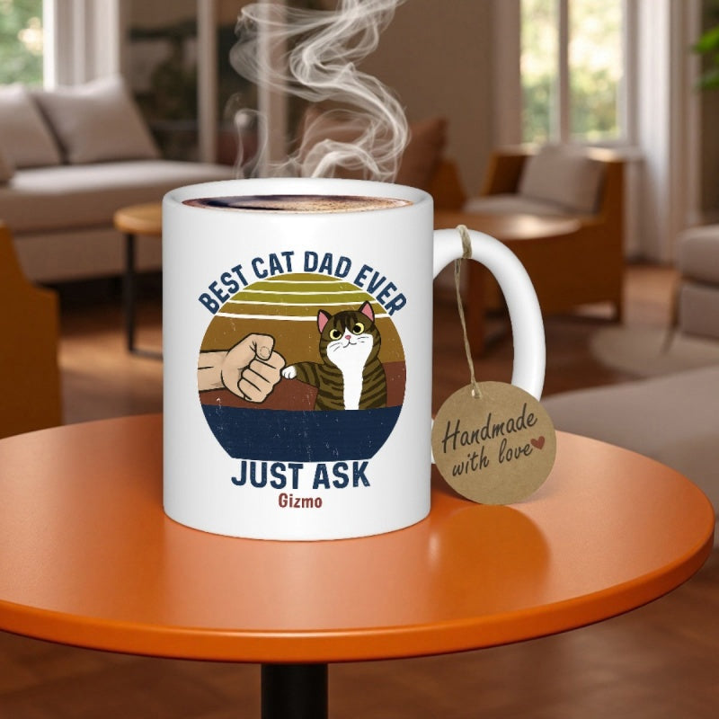 Tailorly White Ceramic 11 oz Mug - Best Cat Dad Ever Just Ask Gizmo Retro Sunset Background With Human Fist Bumping A Small Paw Tabby Cat
