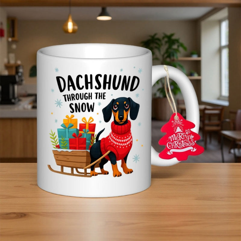 Tailorly White Ceramic 11 oz Mug - Dachshund Through The Snow Merry Christmas Festive Dog Wearing Red Sweater Pulling Sleigh Filled With Christmas Gifts Dachshund