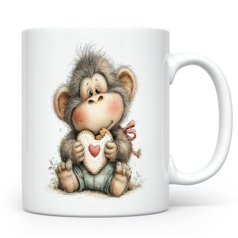 Tailorly White Ceramic 11 oz Mug - Adorable Fluffy Little Baby Holding Heart Shaped Cookie Wearing Blue Trousers Monkey