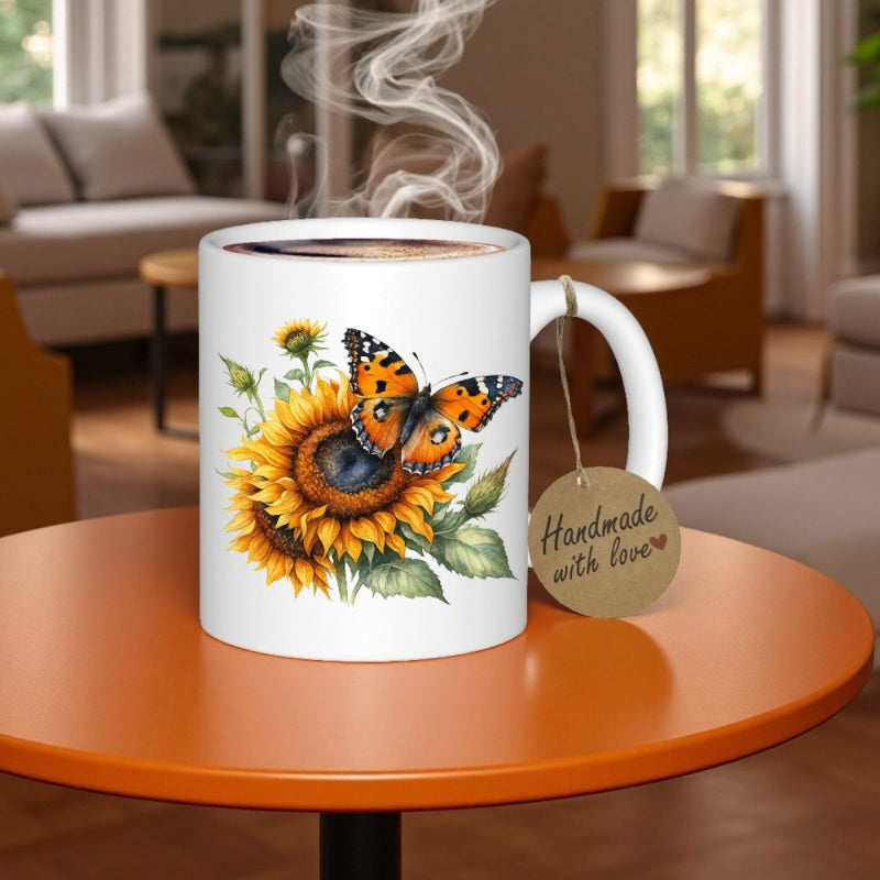 Tailorly White Ceramic 11 oz Mug - Handmade With Love Vibrantly Colored Orange Wings Resting Upon A Blooming Golden Yellow Radiant Sunflower Butterfly