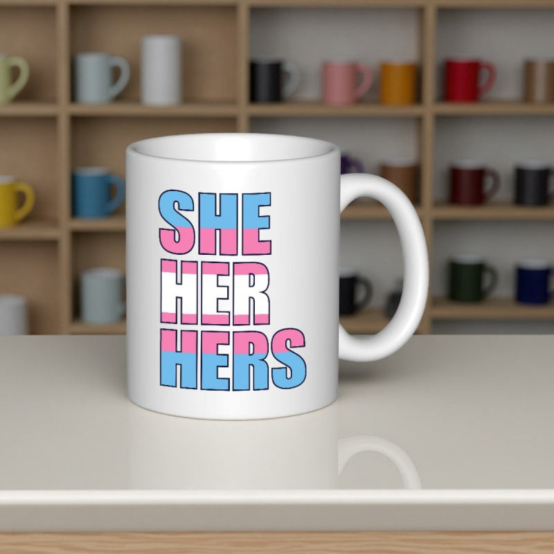 Tailorly White Ceramic 11 oz Mug - She Her Hers Colorful Bold Pronouns With Transgender Pride Flag Stripes On Smooth