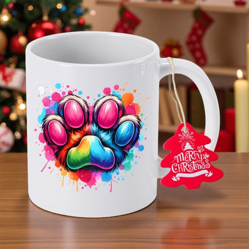Tailorly White Ceramic 11 oz Mug - Merry Christmas Vibrant Colorful Watercolor Splatter Design With Artistic Rainbow Tones Stylized Paw