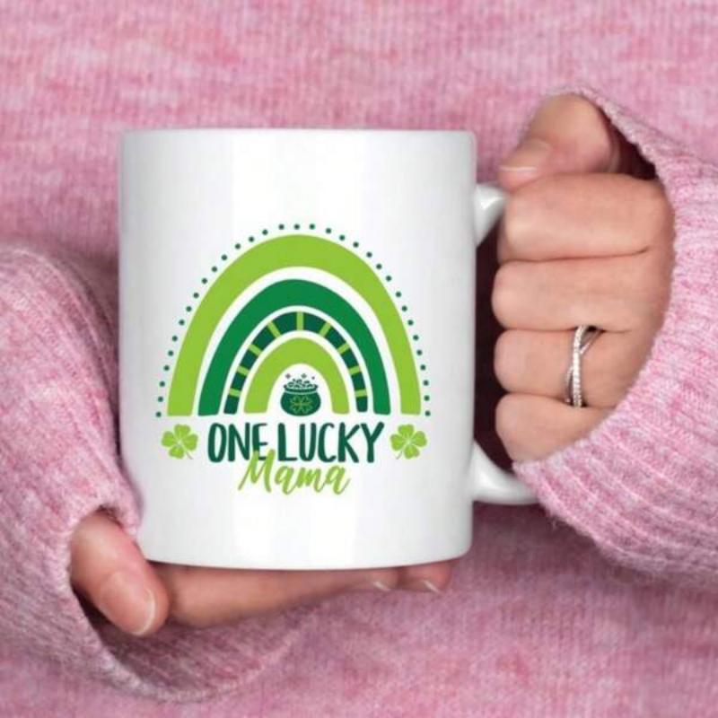 Tailorly White Ceramic 11 oz Mug - One Lucky Mama Vibrant Multi Layered Green Arches With Lucky Shamrocks And Cauldron Rainbow