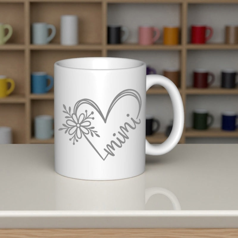 Tailorly White Ceramic 11 oz Mug - Mimi Elegant Line Art With Delicate Floral Petals And Script Text Heart