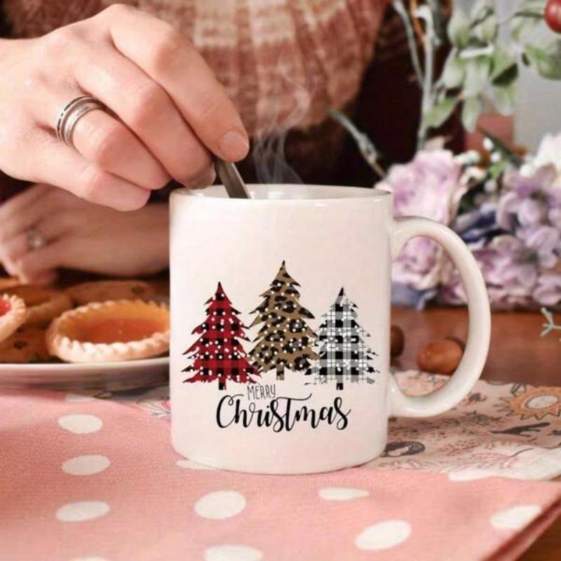 Tailorly White Ceramic 11 oz Mug - Merry Christmas Three Decorative Trees With Plaid And Leopard Patterns Standing Together Christmas Tree