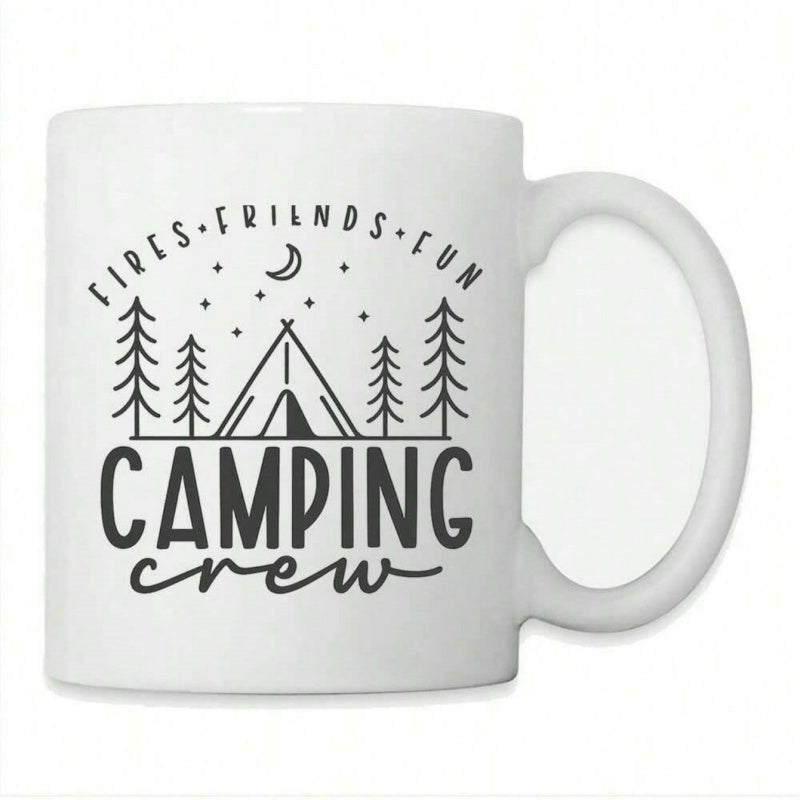 Tailorly White Ceramic 11 oz Mug - Fires Friends Fun Camping Crew Outdoor Adventure Scene With Pine Trees Under Moon And Starry Night Tent