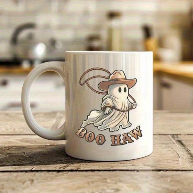 Tailorly White Ceramic 11 oz Mug - Boo Haw Retro Cartoon Style Holding A Lasso With A Cowboy Hat Ghost