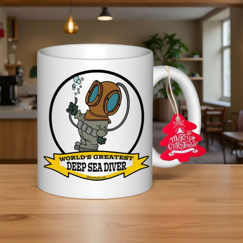 Tailorly White Ceramic 11 oz Mug - Worlds Greatest Deep Sea Diver Vintage Illustration Featuring A Cartoon Character In Classic Diving Gear Diver