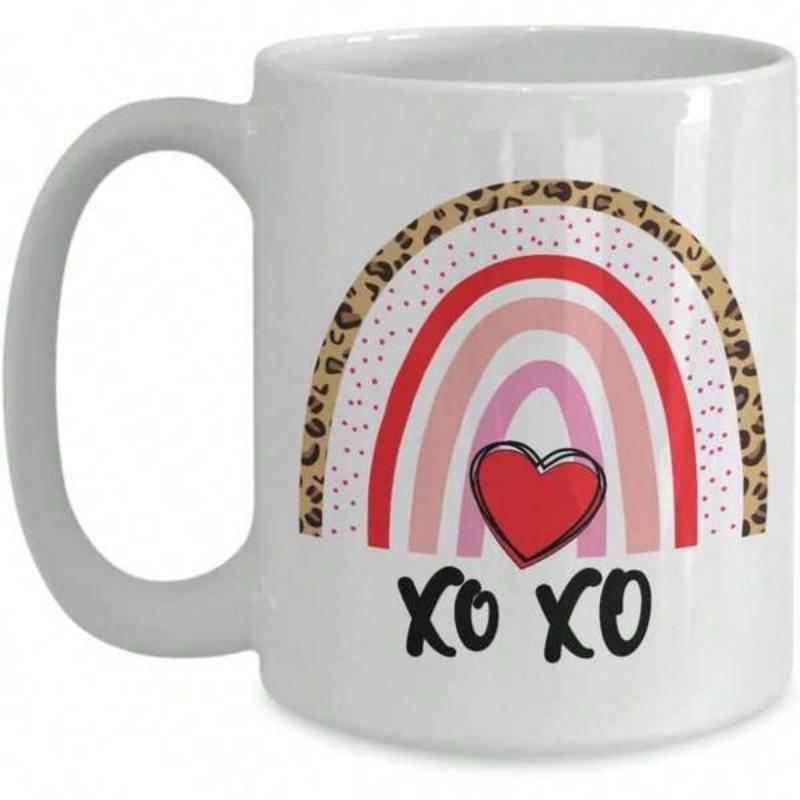 Tailorly White Ceramic 11 oz Mug - XO XO Boho Leopard Print Layers With Pink Stripes And Centered Red Heart Rainbow