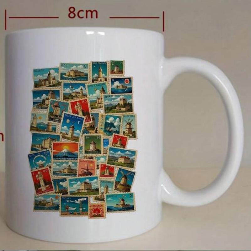 Tailorly White Ceramic 11 oz Mug - Vintage Retro Style Postage Illustrations Featuring Scenic Landscapes And Historical Architecture Stamp