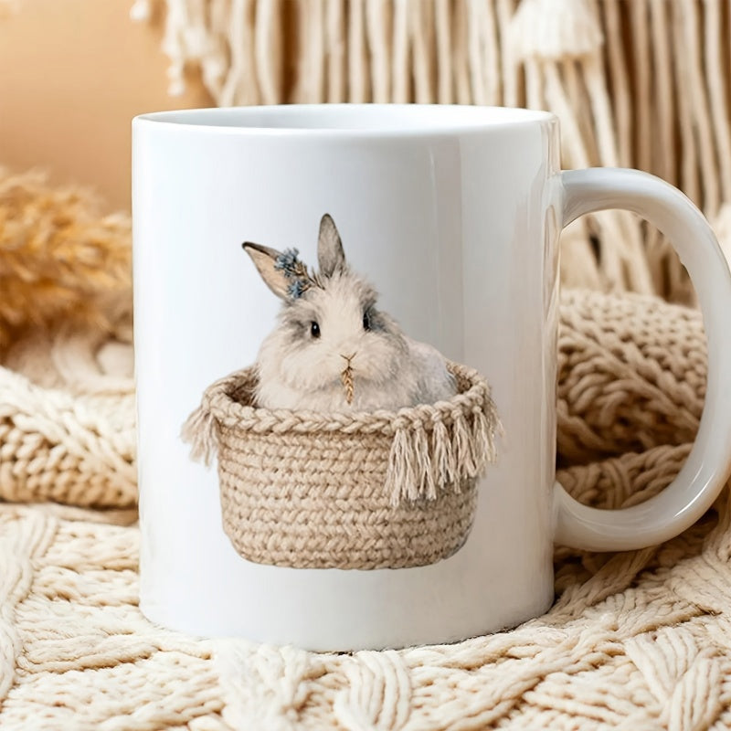 Tailorly White Ceramic 11 oz Mug - Fluffy Little Rabbit Sitting Inside A Woven Wicker Basket With Tassels Rabbit
