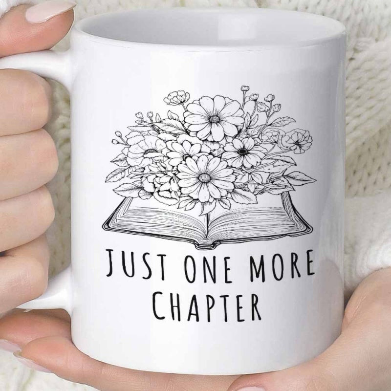Tailorly White Ceramic 11 oz Mug - Just One More Chapter Hand Drawn Wildflowers Blooming From Within An Open Vintage Book