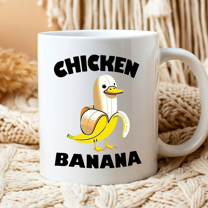 Tailorly White Ceramic 11 oz Mug - Chicken Banana Whimsical Peeled Fruit Hybrid Character With Yellow Duck Features Standing Banana