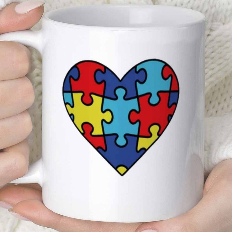 Tailorly White Ceramic 11 oz Mug - Vibrant Interlocking Colorful Puzzle Pieces Set Within A Meaningful Classic Heart