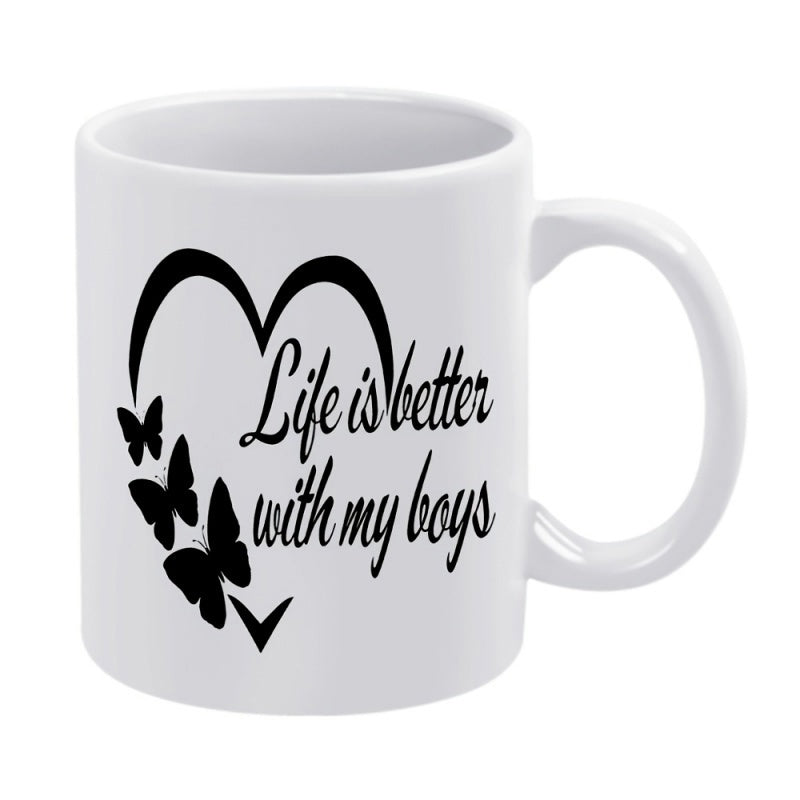 Tailorly White Ceramic 11 oz Mug - Life Is Better With My Boys Graceful Flying Butterflies Accompanying A Minimalist Artistic Silhouette Line Style Heart