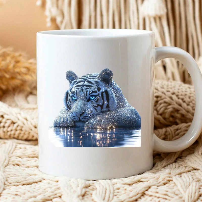 Tailorly White Ceramic 11 oz Mug - Majestic White Tiger Resting Calmly With Blue Eyes Over Shimmering Water Tiger