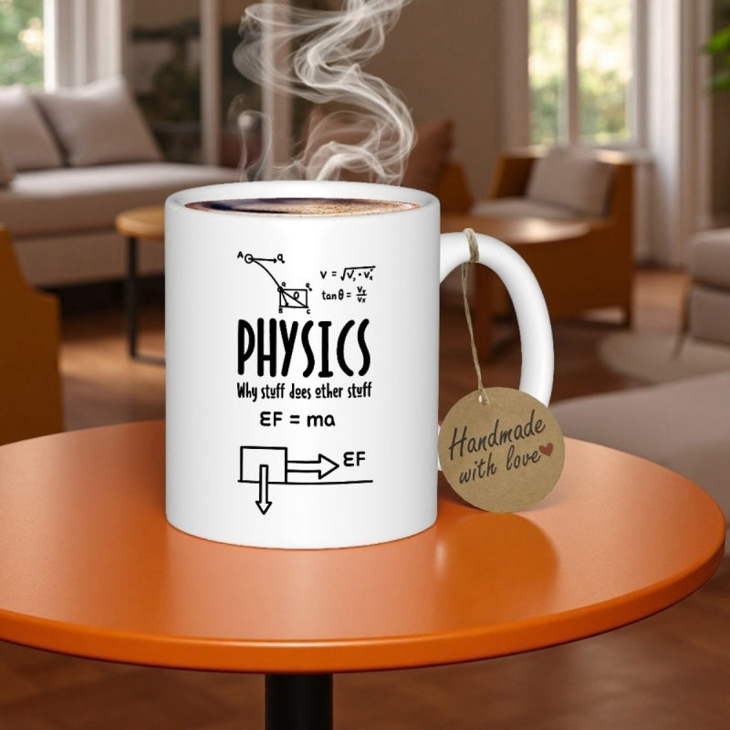 Tailorly White Ceramic 11 oz Mug - Physics Why Stuff Does Other Stuff Minimalist Educational Science Equations With Vector Force Arrows And Mathematical Logic