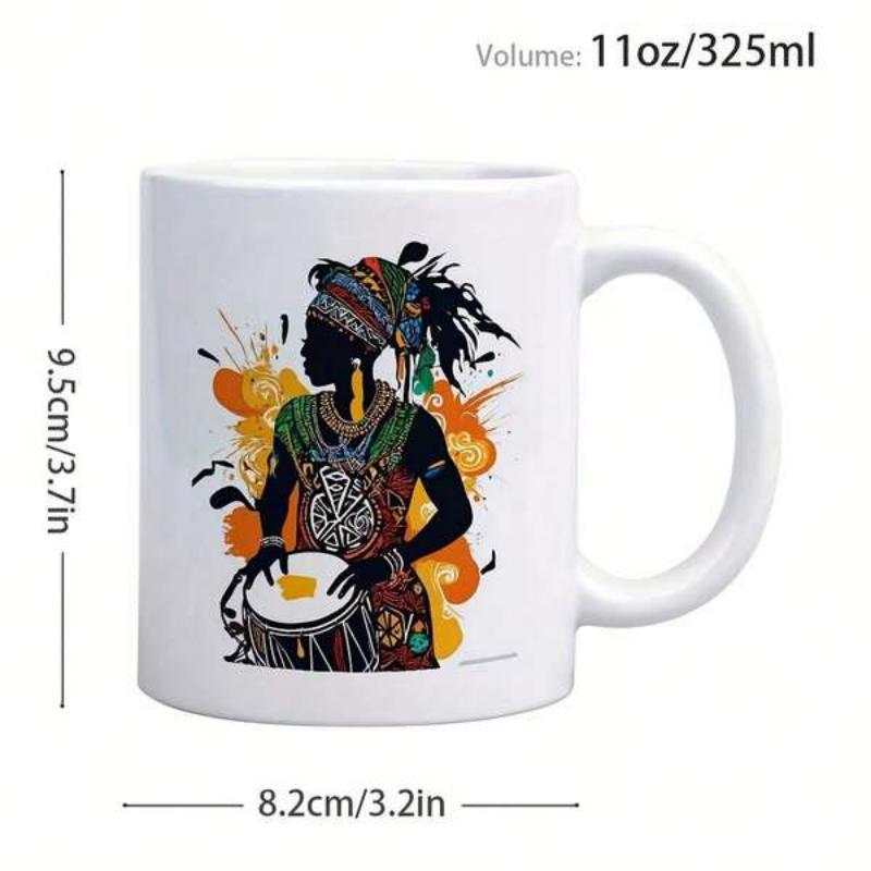 Tailorly White Ceramic 11 oz Mug - Vibrant African Woman Playing Traditional Drum Surrounded By Colorful Artistic Paint Splashes Woman
