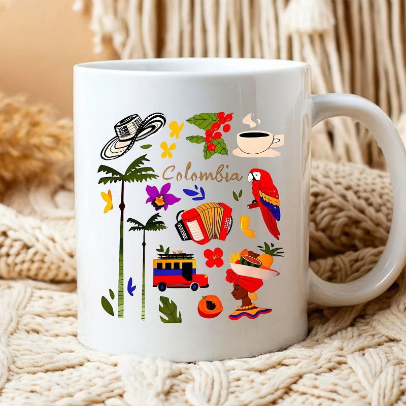 Tailorly White Ceramic 11 oz Mug - Colombia Vibrant Colorful Parrot And Chiva Bus Among Various Cultural Symbols