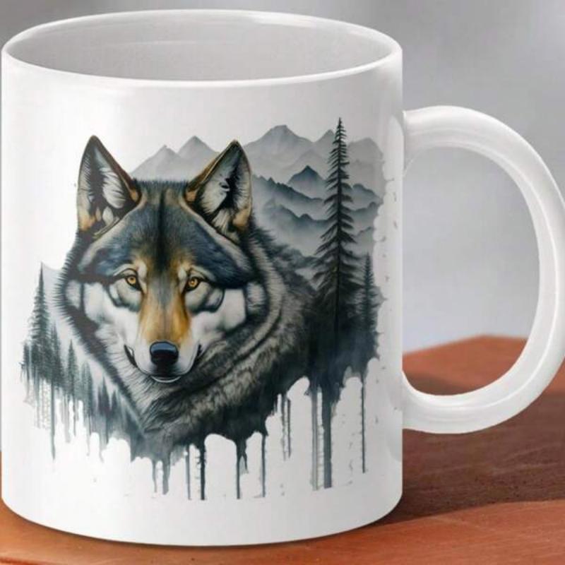 Tailorly White Ceramic 11 oz Mug - Majestic Wild Animal Among Misty Mountain Peaks And Pine Trees Wolf