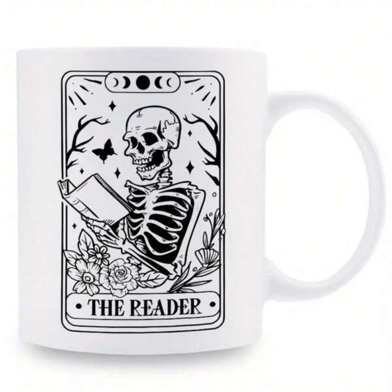 Tailorly White Ceramic 11 oz Mug - The Reader Gothic Tarot Card Design Featuring Floral Elements And A Reading Skeleton