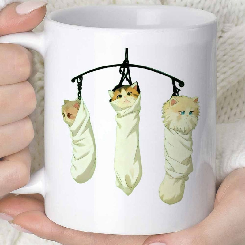 Tailorly White Ceramic 11 oz Mug - Three Adorable Fluffy Kittens Wrapped In Soft Hanging Fabric Pouches Cat