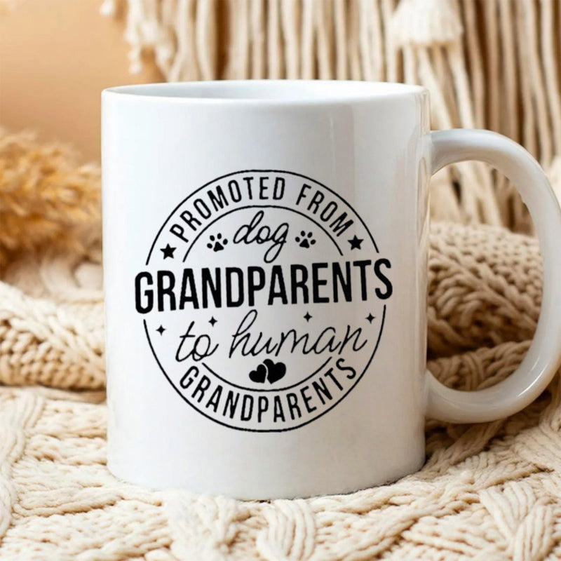 Tailorly White Ceramic 11 oz Mug - Promoted From Dog Grandparents To Human Grandparents Minimalist Circular Badge Design With Hearts And Cute Tiny Paw Prints Sign