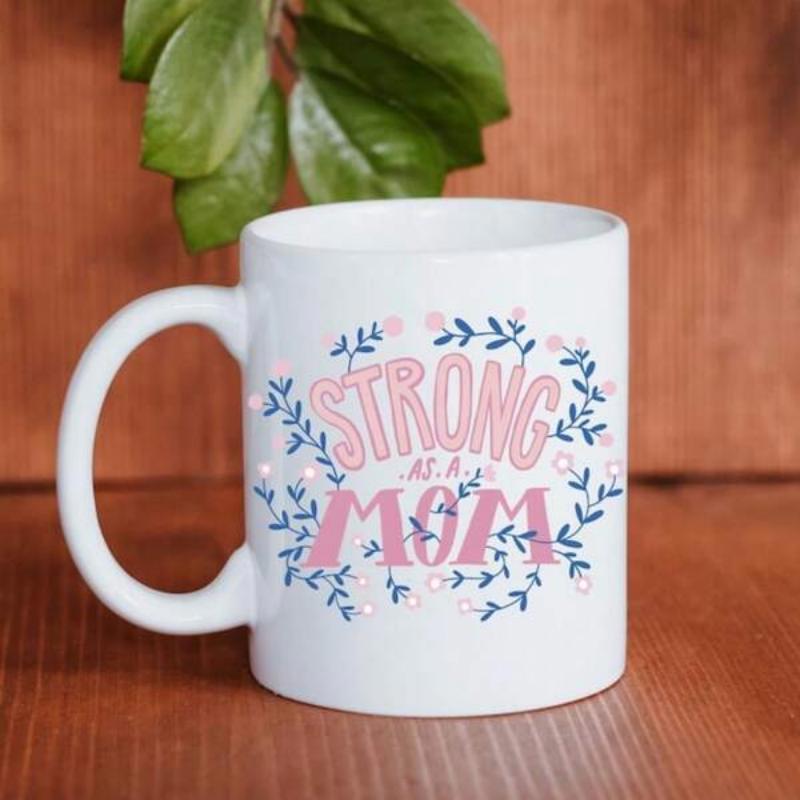 Tailorly White Ceramic 11 oz Mug - Strong As A Mom Floral Wreath With Delicate Blue Leaves And Pink Blossoms On A