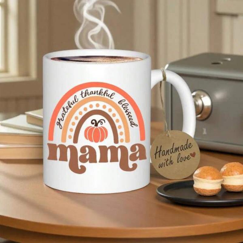 Tailorly White Ceramic 11 oz Mug - Grateful Thankful Blessed Mama Earth Tones Rainbow Featuring A Small Pumpkin Symbol For Autumn Harvest Mug