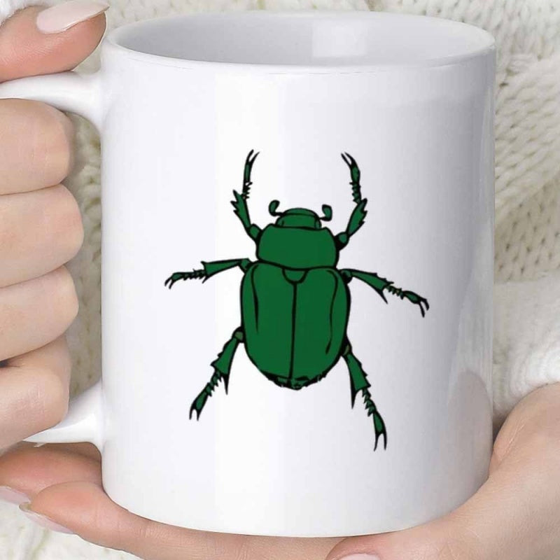 Tailorly White Ceramic 11 oz Mug - Detailed Nature Inspired Emerald Shell Insect Featuring Sharp Black Legs Beetle