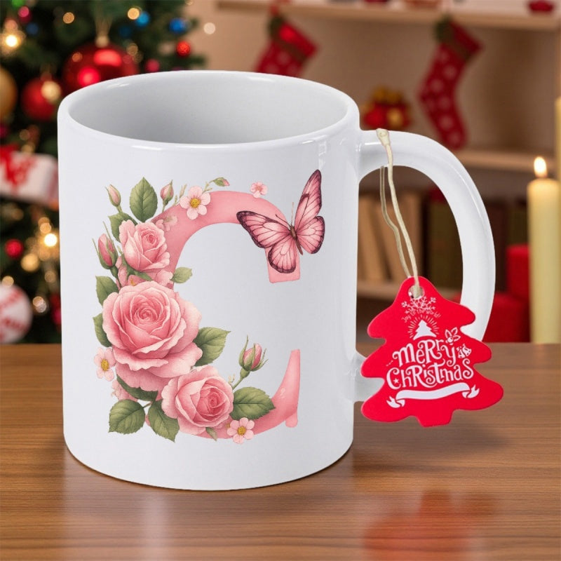 Tailorly White Ceramic 11 oz Mug - C Elegant Pink Roses And A Fluttering Butterfly Decorated Letter