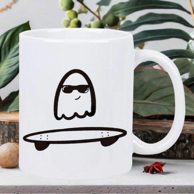 Tailorly White Ceramic 11 oz Mug - Minimalist Cute Cartoon Specter Wearing Cool Sunglasses Hovering Above A Skateboard Ghost