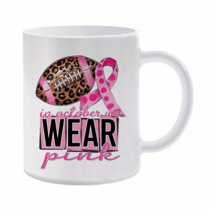 Tailorly White Ceramic 11 oz Mug - In October We Wear Pink Leopard Print Football Featuring Pink Ribbon For Breast Cancer Awareness Campaign Mug