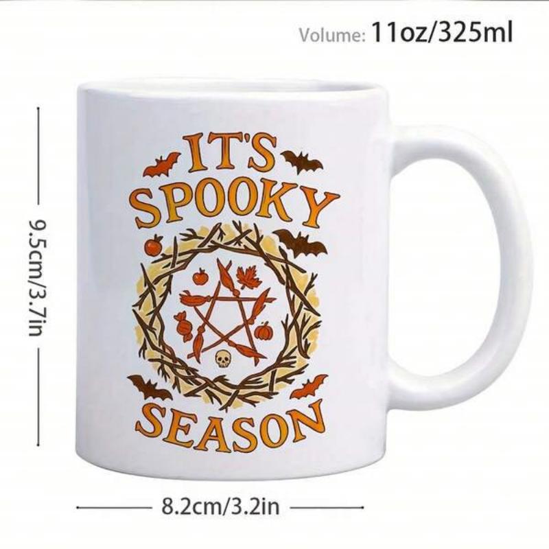 Tailorly White Ceramic 11 oz Mug - Its Spooky Season Rustic Twig Wreath With Bats Flying Over A Dark Magic Pentagram