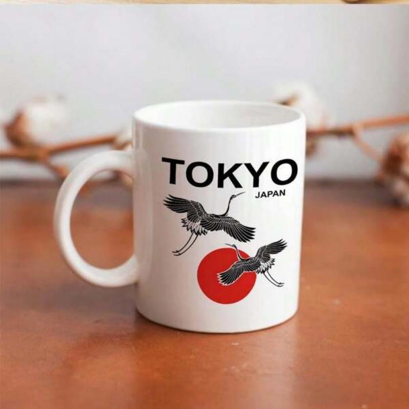Tailorly White Ceramic 11 oz Mug - Tokyo Japan Graceful Flying Red Crowned Birds Against A Vibrant Crimson Sun Crane