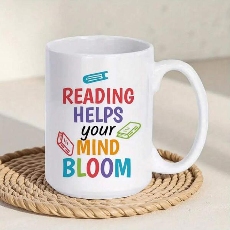 Tailorly White Ceramic 11 oz Mug - Reading Helps Your Mind Bloom Minimalist White Ceramic Vessel With Colorful Inspirational Text And Books Mug