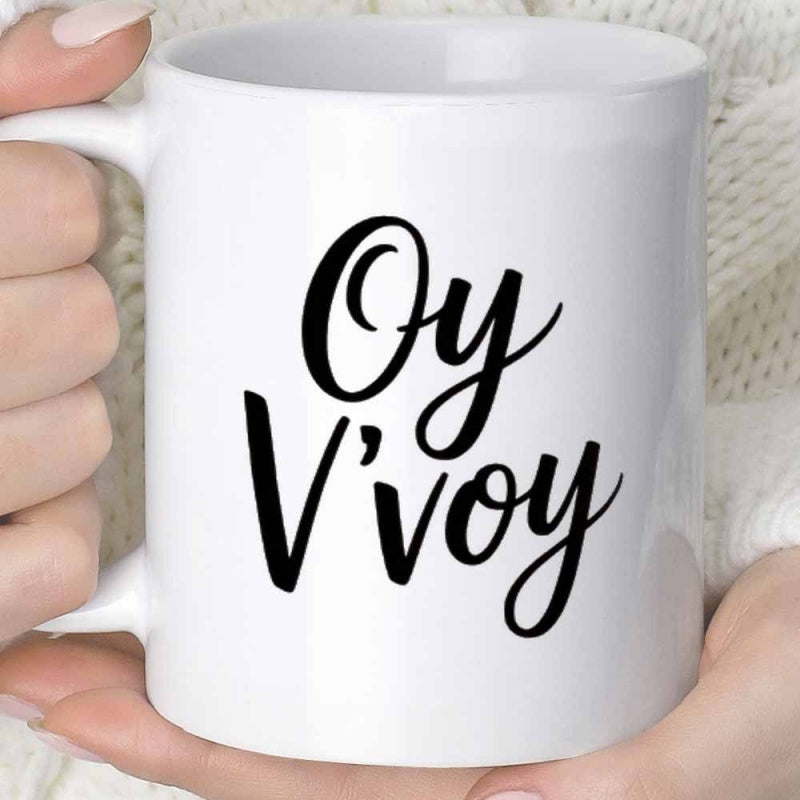 Tailorly White Ceramic 11 oz Mug - Oy Vvoy Minimalist Style Pure With Elegant Cursive Text Mug