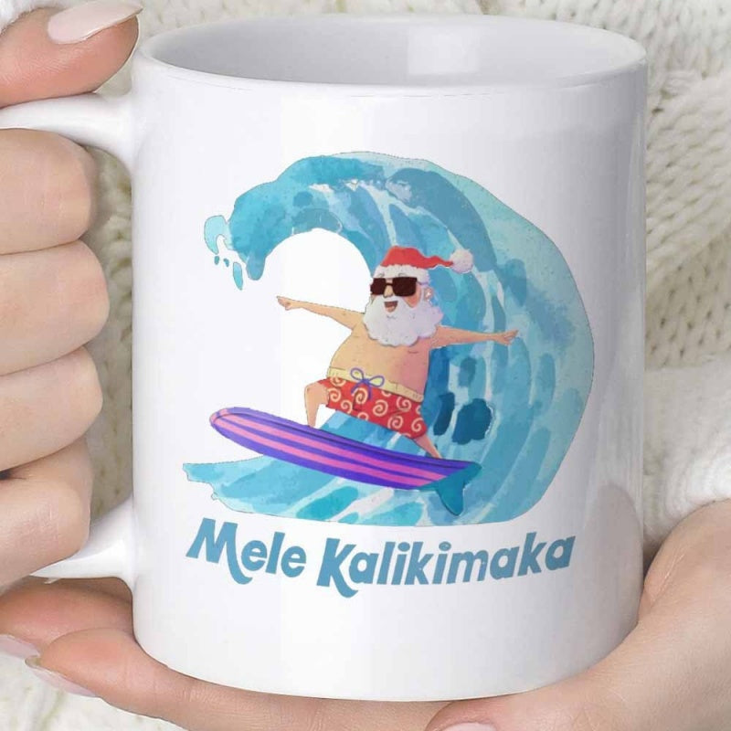 Tailorly White Ceramic 11 oz Mug - Mele Kalikimaka Santa Wearing Sunglasses Riding Purple Board Inside Curling Blue Ocean Wave Santa Claus