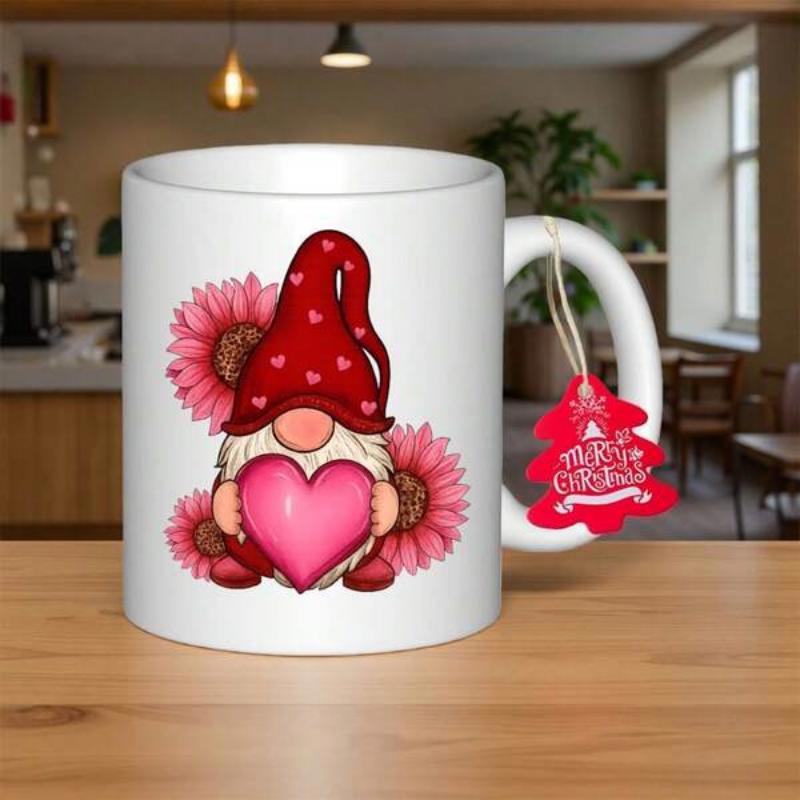 Tailorly White Ceramic 11 oz Mug - Merry Christmas Adorable Red Hat Gnome Holding Large Pink Heart Among Radiant Pink Sunflower Gnome