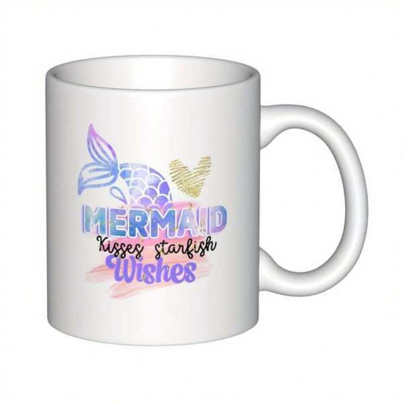Tailorly White Ceramic 11 oz Mug - Mermaid Kisses Starfish Wishes Colorful Pastel Watercolor Tail Dancing With A Small Golden Heart Mermaid Tail